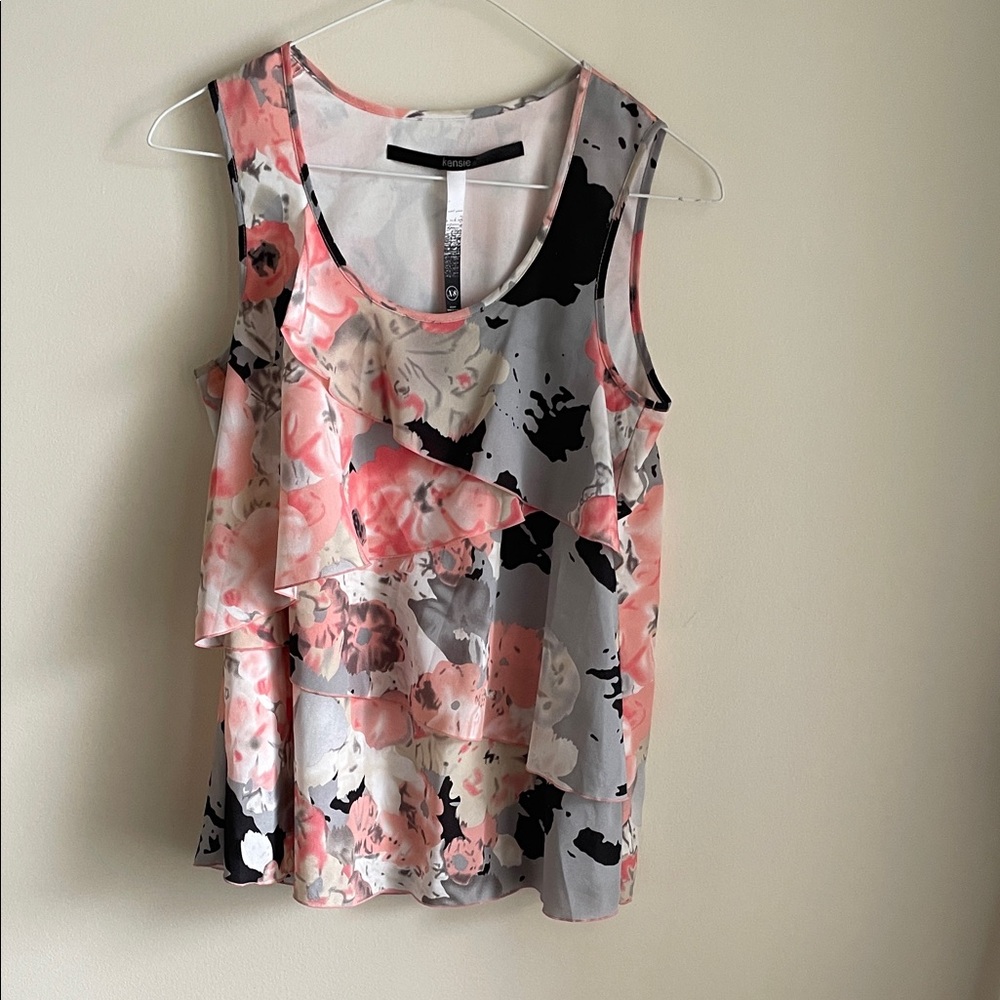 Kensie Floral Ruffle Tank Top - Pink and Black